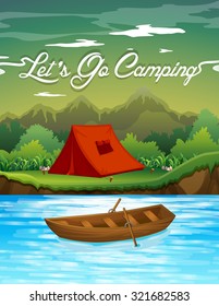 Camping ground with tent and boat illustration