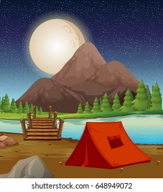 Camping Ground With Tent By The River At Night Illustration