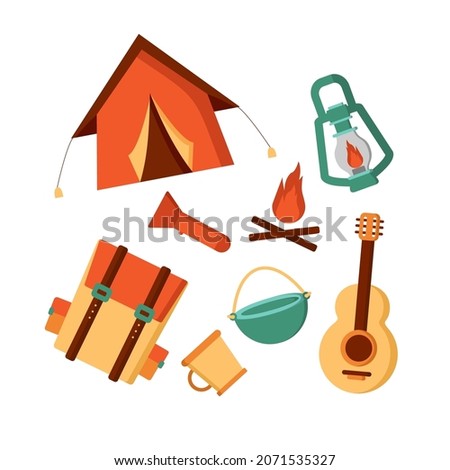 camping ground tools and equipment vector, hiking, survival set