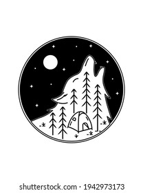 Camping ground and wolf illustration in mono line art, badge vector illustration, T-Shirt Art, Design Vector