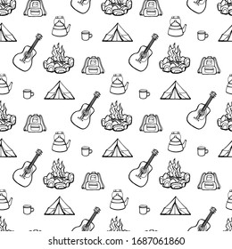 Camping - Gitarre und Feuer. Vektorillustration, handgezeichnet, nahtlos