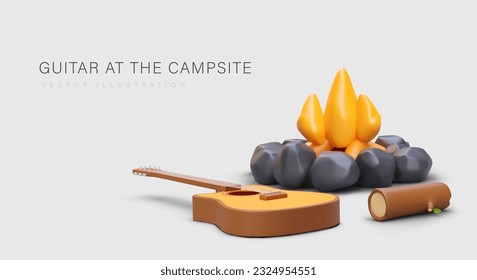 Camping with guitar. Fun leisure time outside, romance of tourism. Songs on march. Leisure for family, friends, couple. Poster with realistic illustration