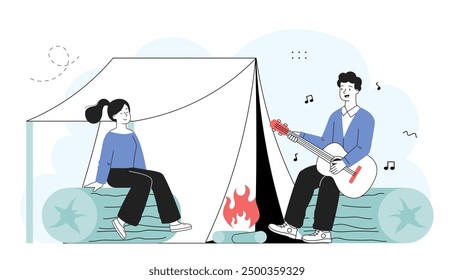 Camping with guitar. Woman and man with guitar sitting near fire and tent. Active lifestyle and leisure in nature. Guitarist on hike. Linear vector illustration isolated on white background