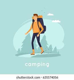 Camping guy walking in the forest. Flat vector illustration in cartoon style.