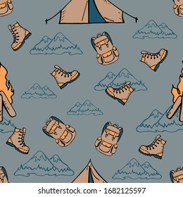 Camping hand drawing seamless pattern. Vector stock illustration.