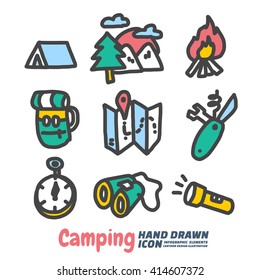 Camping Hand Drawn cartoon vector symbols and icon set