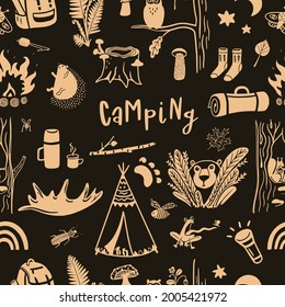 Camping hand drawn cute vector pattern against the dark background