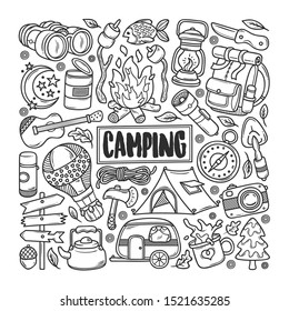 Camping Hand Drawn Doodle Coloring Vector