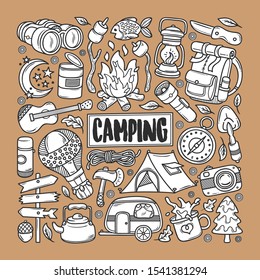 Camping Hand Drawn Doodle Coloring Vector [Brown]