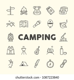 Camping hand drawn doodle icons set with tent, knife, compass, bbq, binoculars, canned fish, flashlight, bonfire, map.