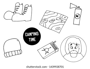 Camping hand drawn doodle set. Black and white camp vector illustration. Summer activity on a holiday.