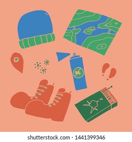 Camping hand drawn doodle set. Colorful camp vector illustration. Summer activity on a holiday.