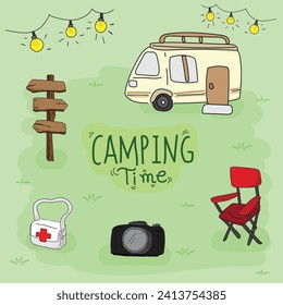 Camping hand drawn doodle vector illustration. Camping concept.
