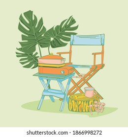 Camping elementos dibujados a mano, silla, cocina, planta y champiñones. Ilustración vectorial.