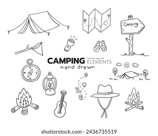 Elementos dibujados a mano de camping contorno icono vector diseño conjunto de tienda, mapa, hoguera, antorcha, lámpara de aceite, sombrero, brújula, guitarra.