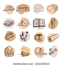 camping hand drawn icon set contour on the white backround