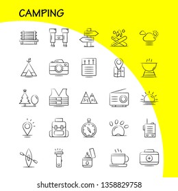 Camping Hand Drawn Icons Set For Infographics, Mobile UX/UI Kit And Print Design. Include: Cloud, Sun, Weather, Tea, Cup, Coffee, Hot, Box, Icon Set - Vector