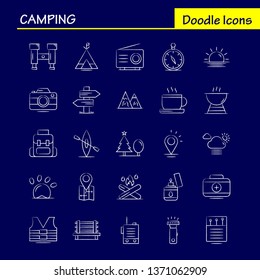 Camping Hand Drawn Icons Set For Infographics, Mobile UX/UI Kit And Print Design. Include: Cloud, Sun, Weather, Tea, Cup, Coffee, Hot, Box, Icon Set - Vector