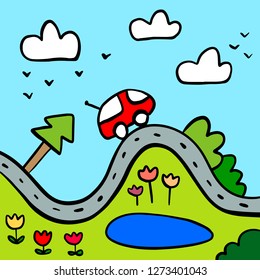 Camping hand drawn illustration with colorful landscape