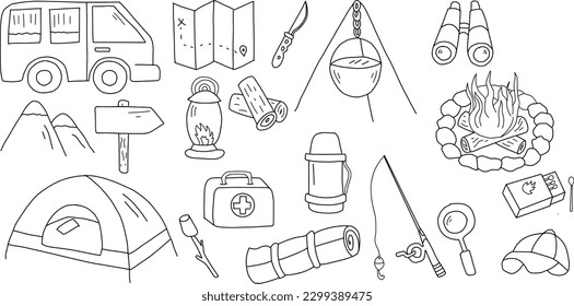 Camping. Hand drawn lines and equipment.