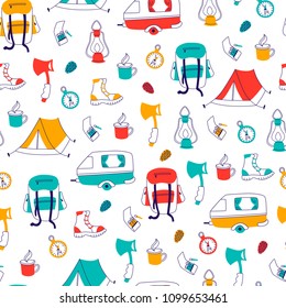 Camping Hand Drawn Vector Seamless Pattern. Travel Doodles: Tent, Compass, Van and Backpack.