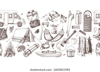 Camping hand drawn vector seamless border.