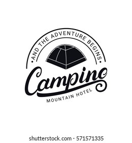 Camping hand written lettering logo, label, badge, emblem with tent. Isolated on white background. Vector illustration.