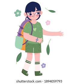 camping happy boy with backpack in cartoon style vector illustration