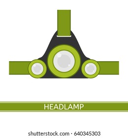 Camping headlamp icon vector illustration. Tourist LED headlight in flat style isolated on white background. Green colored hiking flashlight.