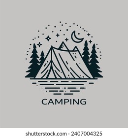 la ilustración de la escena de monolina vintage de curación de camping incluye tienda, montaña, vector de noche lunar