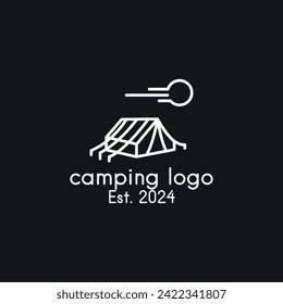 camping healing vintage monoline scene illustration include tent,bonfire,mountain,moon night vector