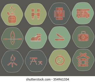 Camping hexagon icons. Red marks on the green, khaki, dark blue background, thin white lines, graphics, pastel, cool colors. Gas bottle, binoculars, compass, boat, mountain shelter, vector