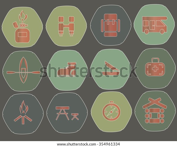 Camping hexagon icons. Red marks on the green,\
khaki, dark blue background, thin white lines, graphics, pastel,\
cool colors. Gas bottle, binoculars, compass, boat, mountain\
shelter, vector