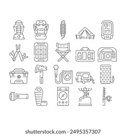 Camping Hiker Tool And Gadget Icons Set Vector. Camping Trailer And Furniture, Freezer Bag And Mobile Shower, Multifunctional Survival Bracelet Backpack Camper Accessory Black Contour Illustrations