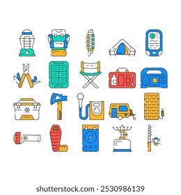 Ferramenta Camping Hiker E Ícones De Gadget Definir Vetor. Reboque De Camping E Móveis, Saco De Congelador E Chuveiro Móvel, Pulseira De Sobrevivência Multifuncional Mochila Camper Acessório Cor Do Contorno Ilustrações