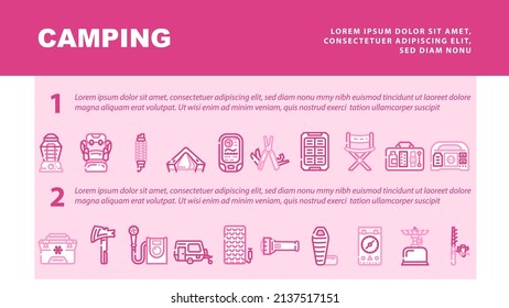 Camping Hiker Tool And Gadget Landing Web Page Header Banner Template Vector. Camping Trailer And Furniture, Freezer Bag And Mobile Shower, Multifunctional Survival Bracelet And Backpack Illustration