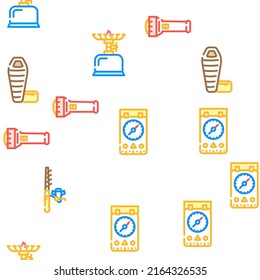Camping Hiker Tool And Gadget Vector Seamless Pattern Color Line Illustration