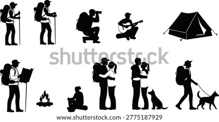 Camping, hikers, silhouettes, set, adventure, outdoor, people, trekking, backpackers, tent, campfire, dog, guitar, binoculars, map, nature, recreation, travel, cad, drawing