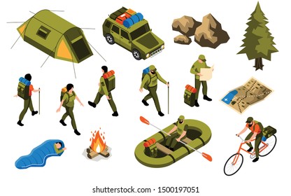 Camping hiking active lifestyle vacation isometric elements set with tent all road vehicle map campfire vector illustration 