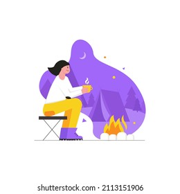 Camping and hiking activities modern flat concept. Woman tourist drinking tea and sitting near campfire, trekking and rests on picnic. Vector illustration with people scene for web banner design