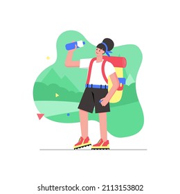 Camping and hiking activities modern flat concept. Woman with backpack drink water from bottle and walking at tourist route in mountains. Vector illustration with people scene for web banner design