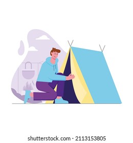 Actividades de camping y senderismo concepto moderno y plano. Hombre turista descansando con una tienda en un campamento en la naturaleza. Viaje de mochilero y senderismo. Ilustración vectorial con escena de personas para diseño de banners web
