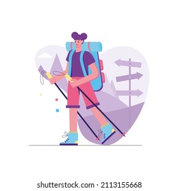 Actividades de camping y senderismo concepto moderno y plano. Mujer turista con mochila y palos caminando por las montañas. Mochila y senderismo. Ilustración vectorial con escena de personas para diseño de banners web
