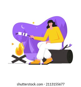 Camping and hiking activities modern flat concept. Woman roasting marshmallows on campfire and rests on picnic. Backpacking and traveling. Vector illustration with people scene for web banner design