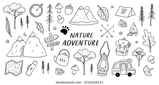 Camping, hiking, adventure doodles collection for coloring books, prints, cards, social media, stationery, wallpaper, banners, etc. EPS 10 