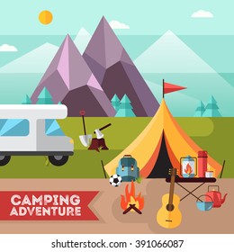 Camping and hiking adventure flat poster with tent guitar and snowy mountains peaks background abstract vector illustration