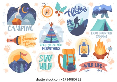 Camping, Hiking, Adventure letterings, symbols. Wild animals, mountains, fireplace, tent, oil lamp, backpack and other elements. Set of flat cartoon vector illustrations isolated on white background