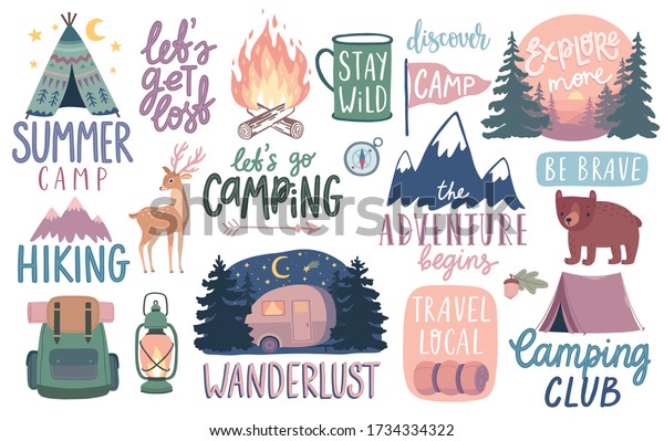 Camping, Hiking, Adventure letterings. Wild\
animals, fireplace, mountains, tents and other elements. Flat\
Vector illustration.