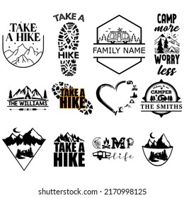 Camping, Hiking, Adventure quotes. Wild animals, fireplace, mountains, tents and other elements.Vector illustration.
