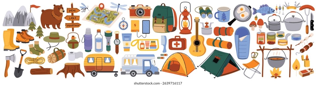 Camping, Hiking, Adventure set with fireplace, mountains, tents and other elements. Vector illustration.	
